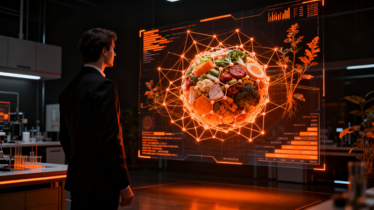 Profesional del sector foodtech analizando datos de nutrición de precisión e innovación alimentaria en un entorno tecnológico avanzado.