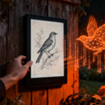 Dispositivo de inteligencia artificial Fugleramme dibujando aves detectadas en un jardín, concepto de edge computing y tecnología open source.