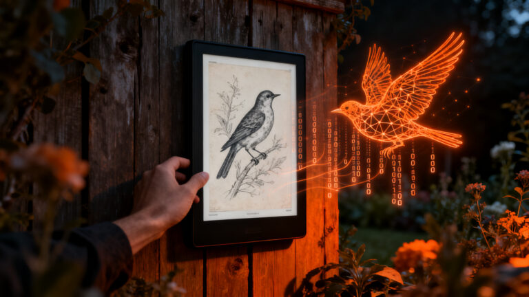 Dispositivo de inteligencia artificial Fugleramme dibujando aves detectadas en un jardín, concepto de edge computing y tecnología open source.