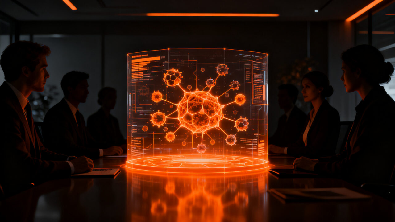 Líderes farmacéuticos debatiendo el futuro de la inteligencia artificial y el descubrimiento de fármacos en un entorno de alta competitividad global.