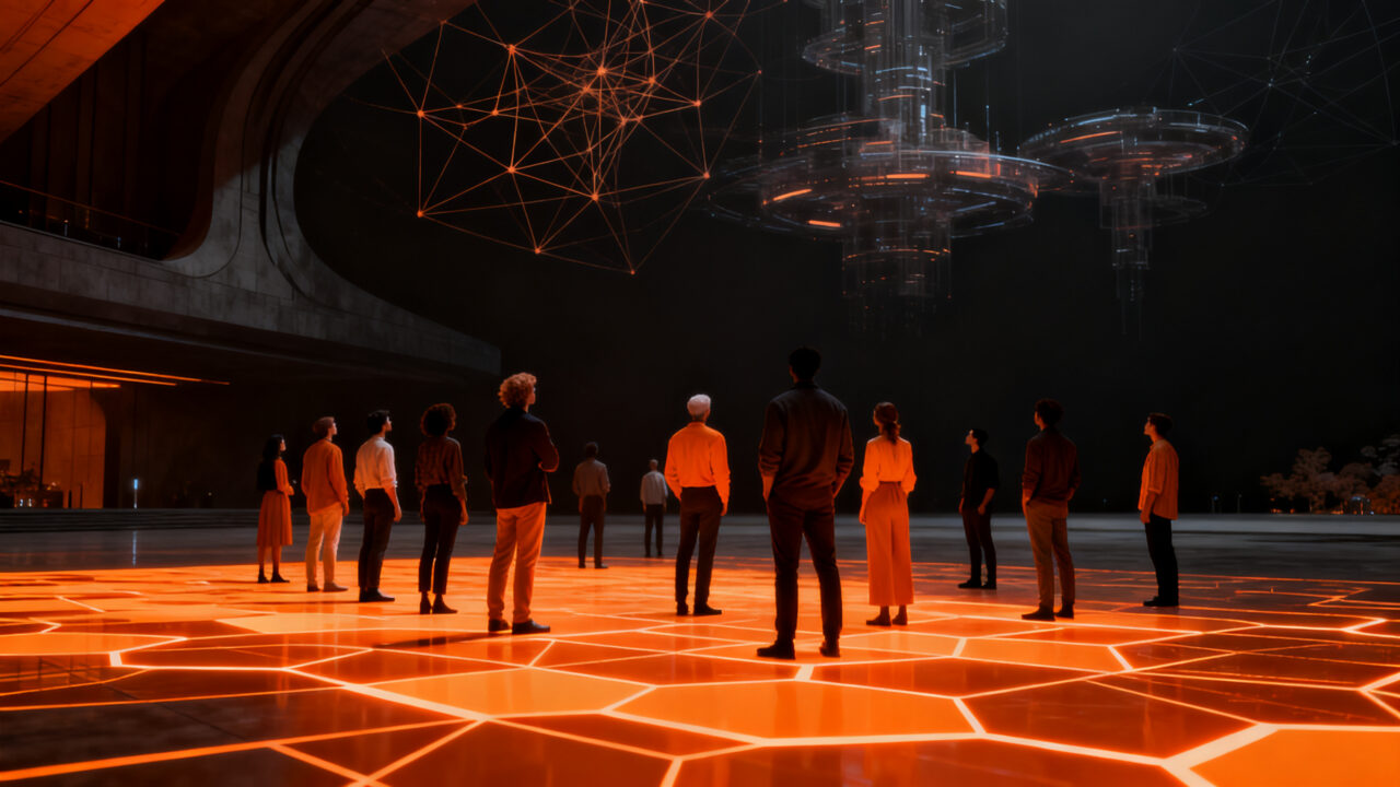 Reflexión sobre el futuro del trabajo y la automatización por IA, mostrando una sociedad post-trabajo con figuras humanas en un entorno tecnológico.