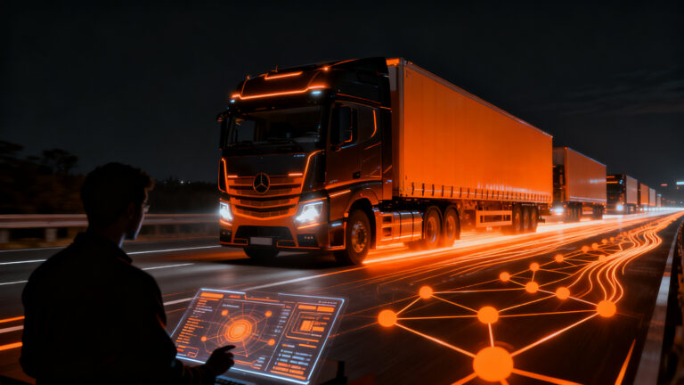 Camión autónomo de Gatik circulando en una autopista futurista, simbolizando la inversión de 200 millones de dólares en logística automatizada.