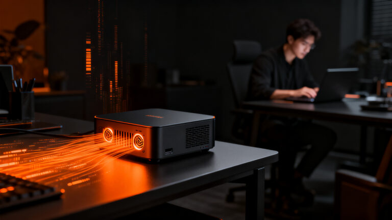 Mini PC GEEKOM A5 Pro para automatización y servidores de startups, optimizado para funcionamiento continuo 24/7.
