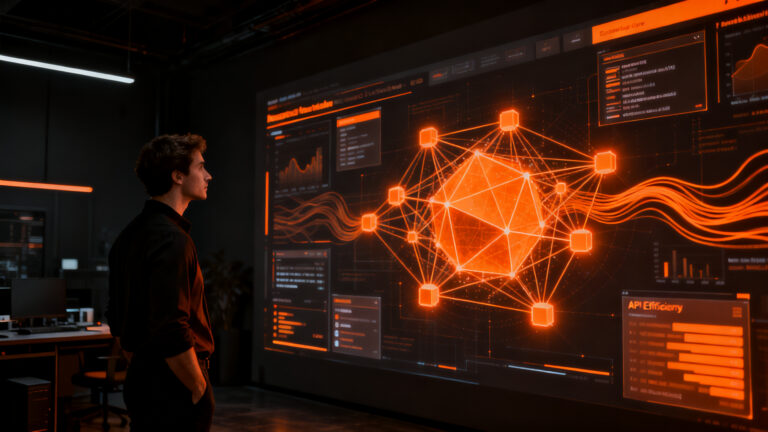Un emprendedor analizando datos complejos de Gemini 4 Argon, representando la integración de IA avanzada en startups.