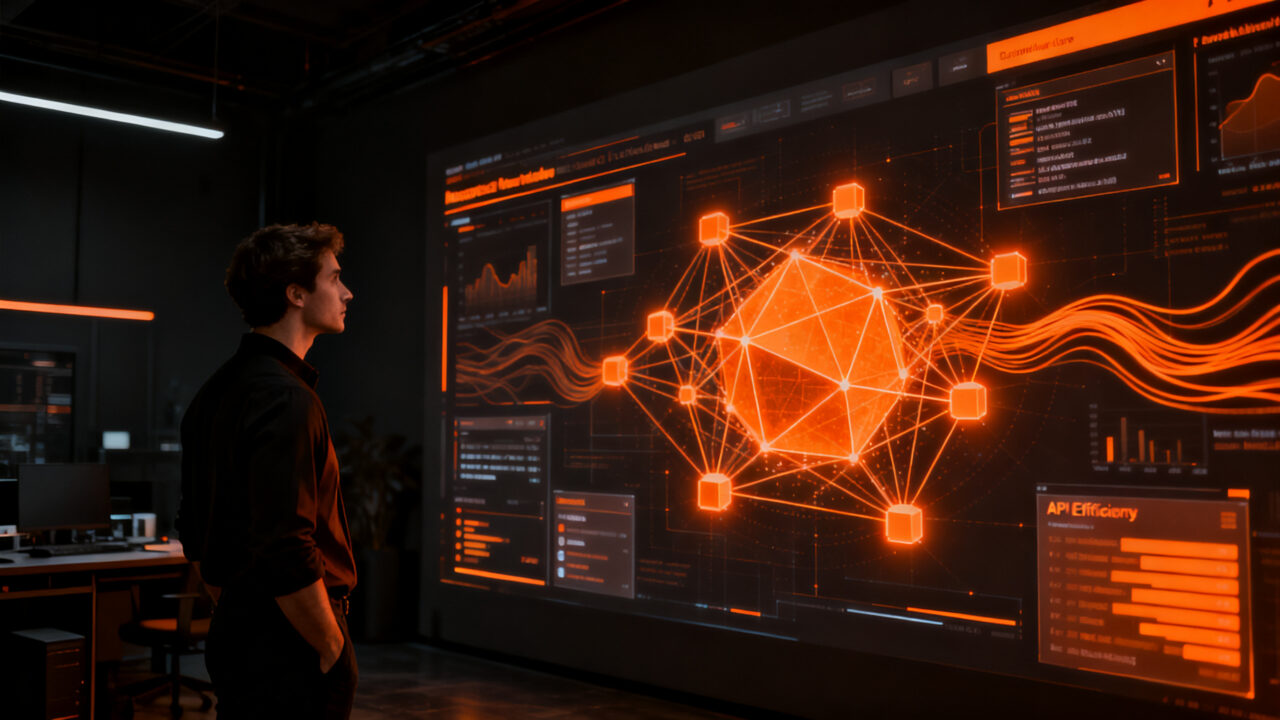 Un emprendedor analizando datos complejos de Gemini 4 Argon, representando la integración de IA avanzada en startups.