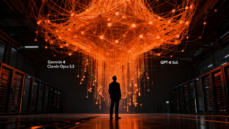 Silueta de un emprendedor frente a una interfaz cuántica de inteligencia artificial, representando la llegada de Gemini 4 y la competencia en el mercado de la IA.