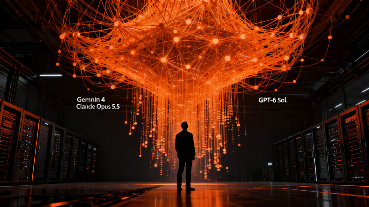 Silueta de un emprendedor frente a una interfaz cuántica de inteligencia artificial, representando la llegada de Gemini 4 y la competencia en el mercado de la IA.