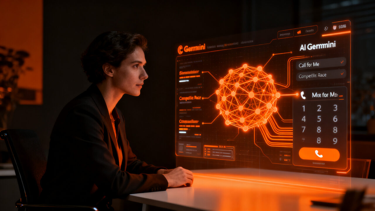 Agente de IA Gemini de Google gestionando llamadas telefónicas en un entorno digital futurista.