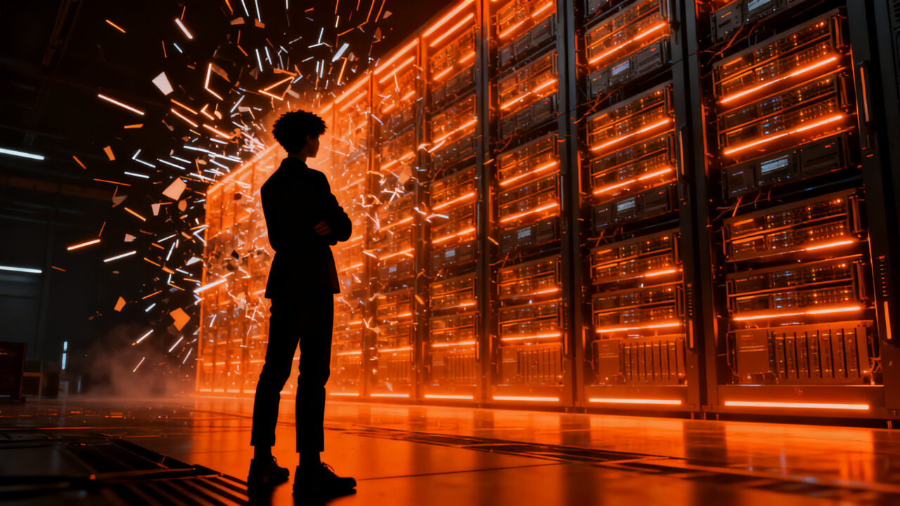 Joven de la Generación Z mostrando resistencia frente a una estructura de centros de datos, simbolizando el boicot a la inteligencia artificial.
