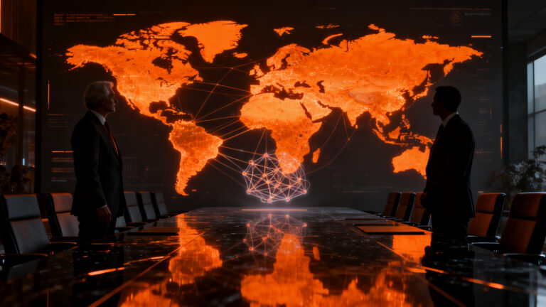 Geopolítica de la IA: Representación de la tensión tecnológica entre China y EE. UU. ante la cumbre diplomática.