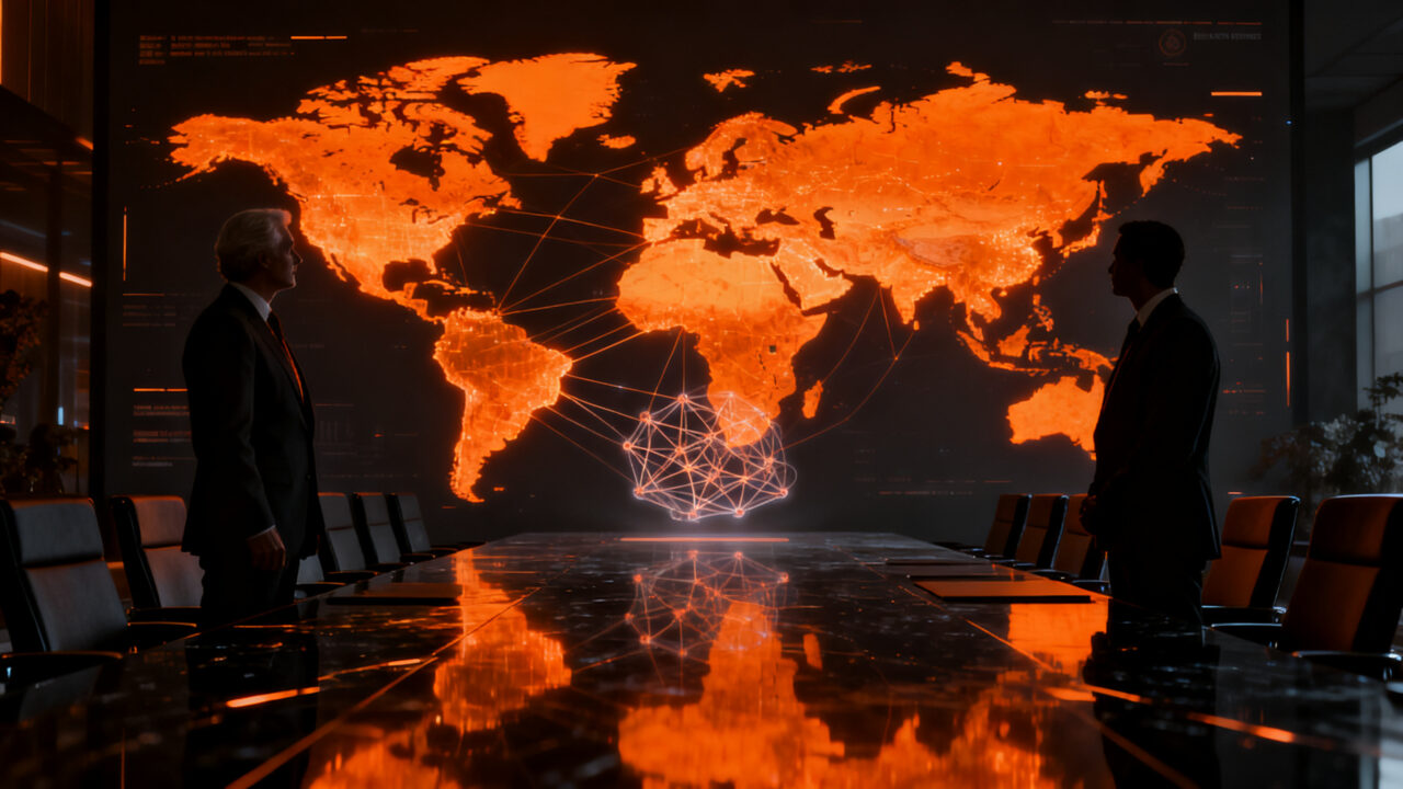 Geopolítica de la IA: Representación de la tensión tecnológica entre China y EE. UU. ante la cumbre diplomática.