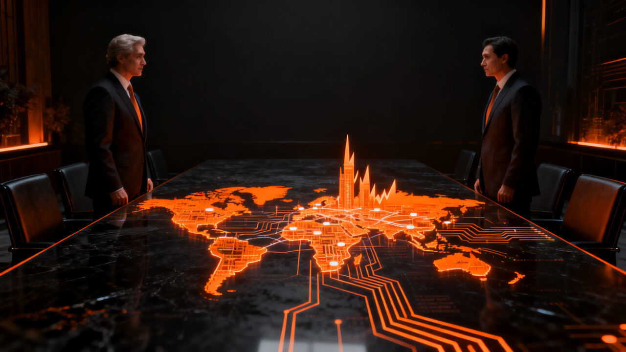 Geopolítica de la IA: Representación conceptual de tensiones tecnológicas y regulación entre potencias globales en el ecosistema startup.