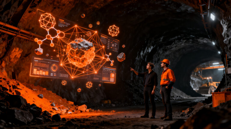 Dos emprendedores analizando datos de minería con IA para la recuperación de cobre, representando la innovación deep tech en LATAM.