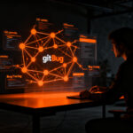Desarrollador trabajando con git-bug, herramienta de seguimiento de errores distribuida y open source.