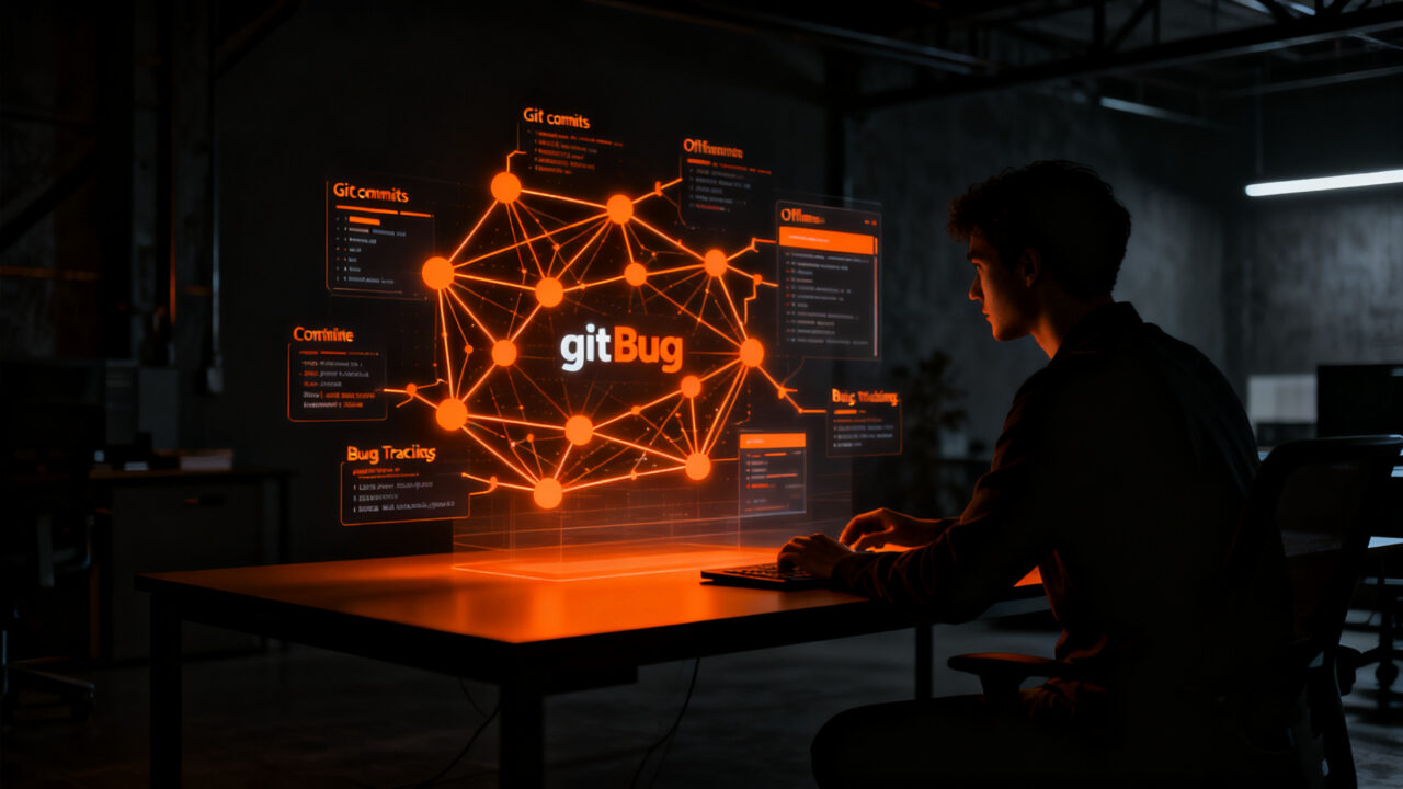 Desarrollador trabajando con git-bug, herramienta de seguimiento de errores distribuida y open source.
