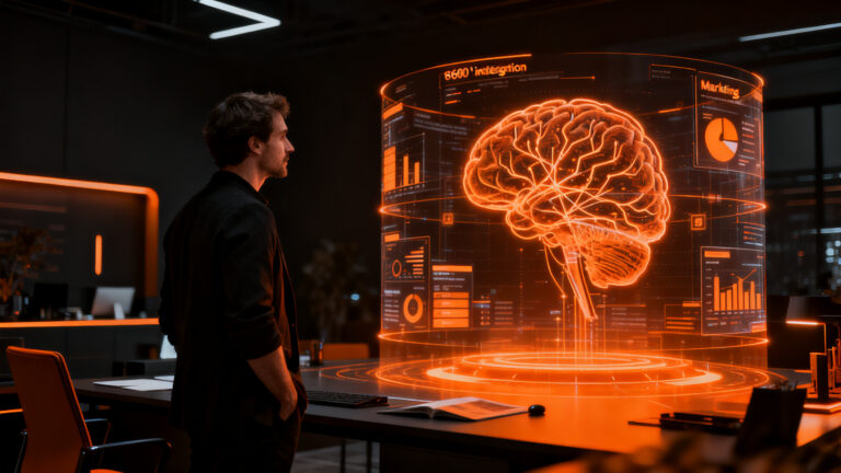 Transformación digital en agencia 360 con inteligencia artificial y neuromarketing, representando la evolución tecnológica de Global Business Concept.