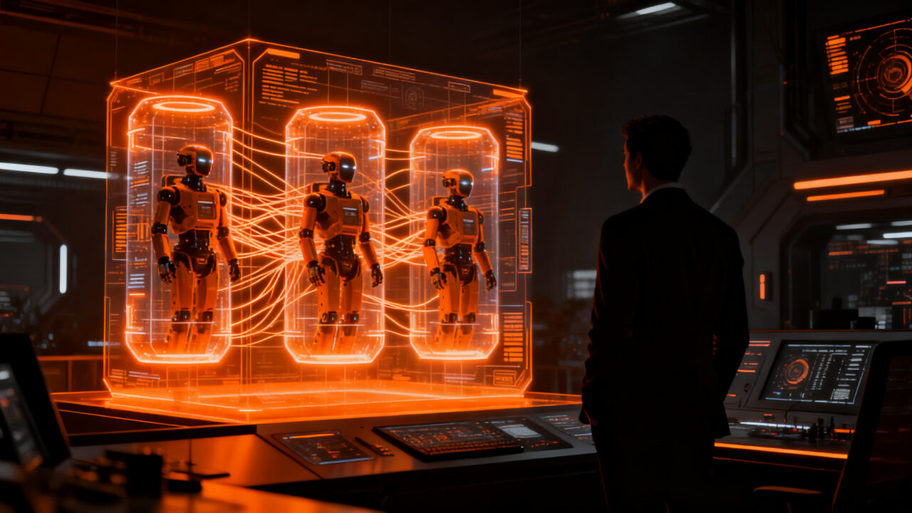 Líder tecnológico supervisando agentes de IA en un centro de comando digital, representando la escalabilidad de AI Pods en Globant.