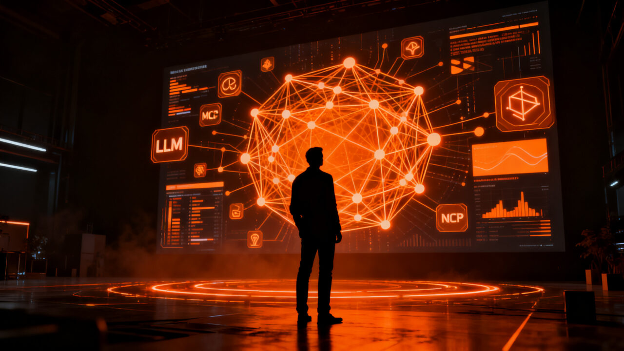 Founder analizando conceptos complejos de inteligencia artificial en una interfaz holográfica futurista, glosario de términos IA 2026.
