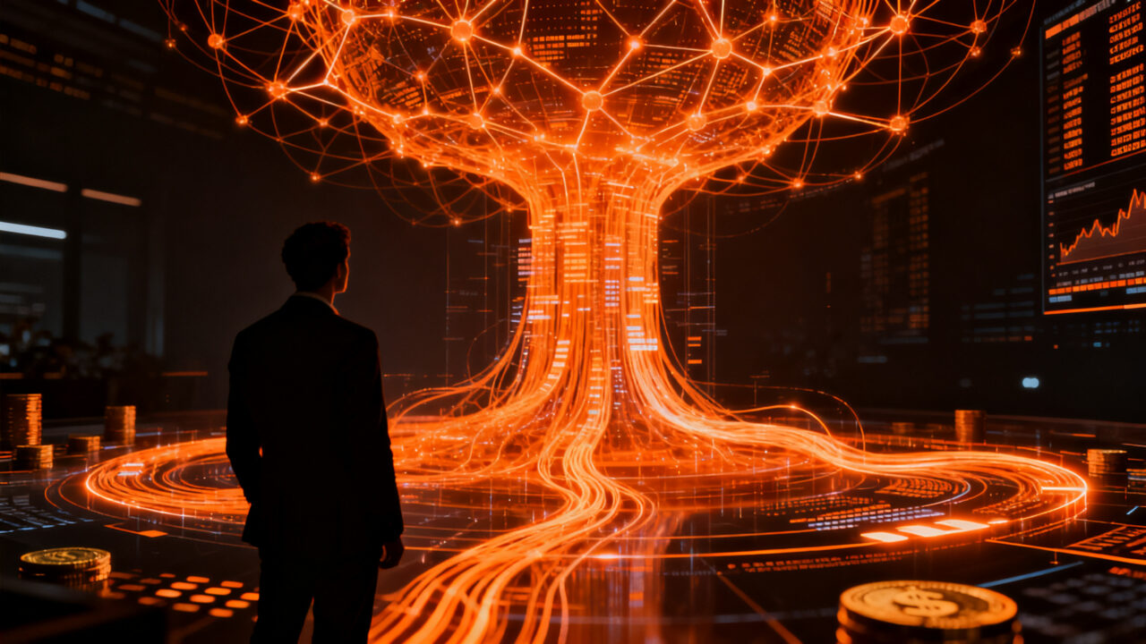 Agentes de inteligencia artificial gestionando una corona digital y finanzas bancarias en un entorno tecnológico futurista.