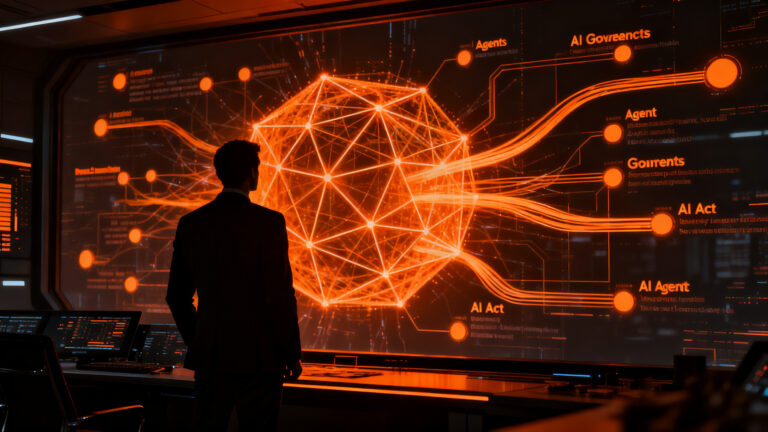 Líder empresarial observando un complejo sistema de agentes de IA, representando la necesidad urgente de gobernanza y estrategia en la adopción de inteligencia artificial.