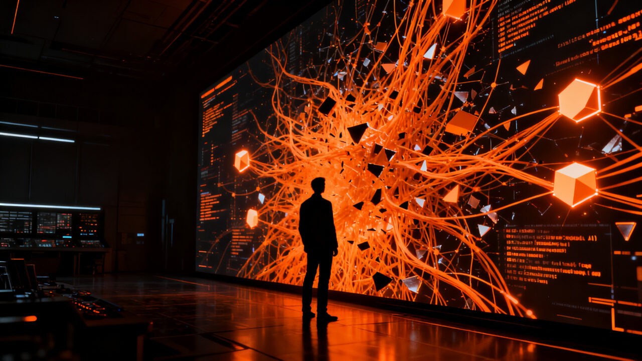Gobernanza de IA en empresas: un ejecutivo supervisa un complejo sistema de redes neuronales desordenadas, representando los riesgos de la Shadow AI.