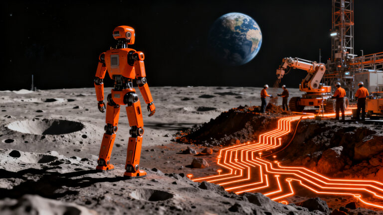 Robot humanoide operando en un entorno de minería espacial lunar, representando la innovación tecnológica de la firma chilena Godelius.