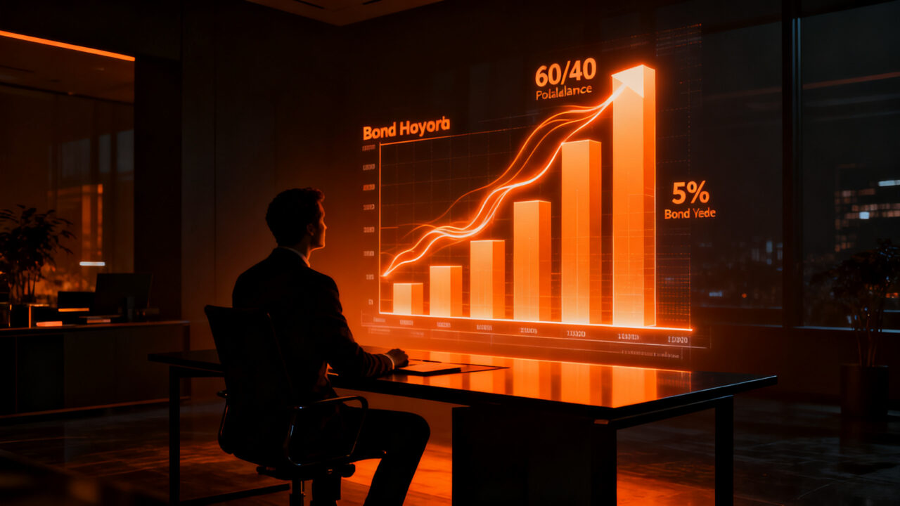 Inversor analizando el rendimiento de bonos del Tesoro y la estrategia de cartera 60/40 en el mercado financiero.
