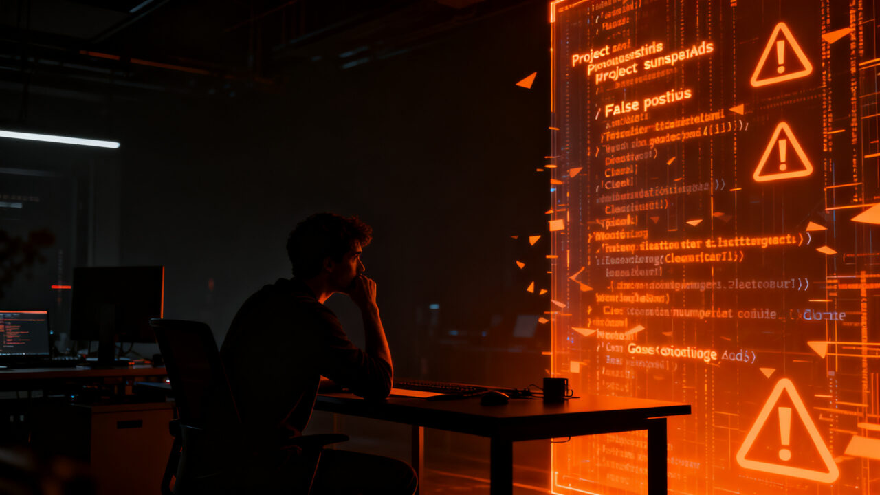 Desarrollador indie frente a una pantalla de bloqueo de Google Ads, representando los falsos positivos de malware en software macOS.