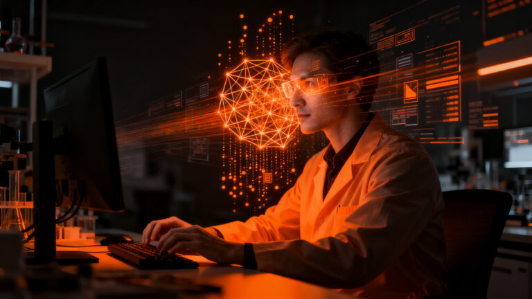 Científico analizando datos complejos con IA, representando el aumento de productividad y el ahorro de tiempo en investigación tecnológica.