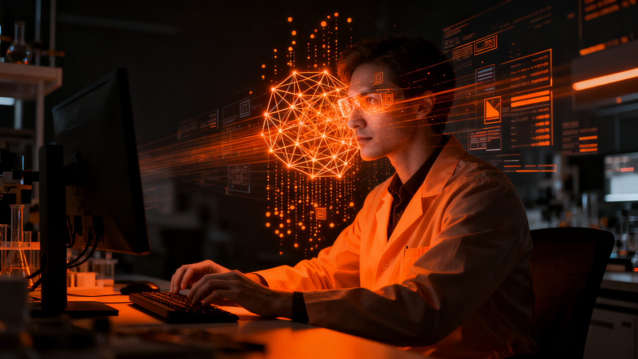 Científico analizando datos complejos con IA, representando el aumento de productividad y el ahorro de tiempo en investigación tecnológica.