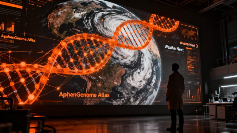 Investigador analizando estructuras genómicas y climáticas globales con inteligencia artificial de Google DeepMind.