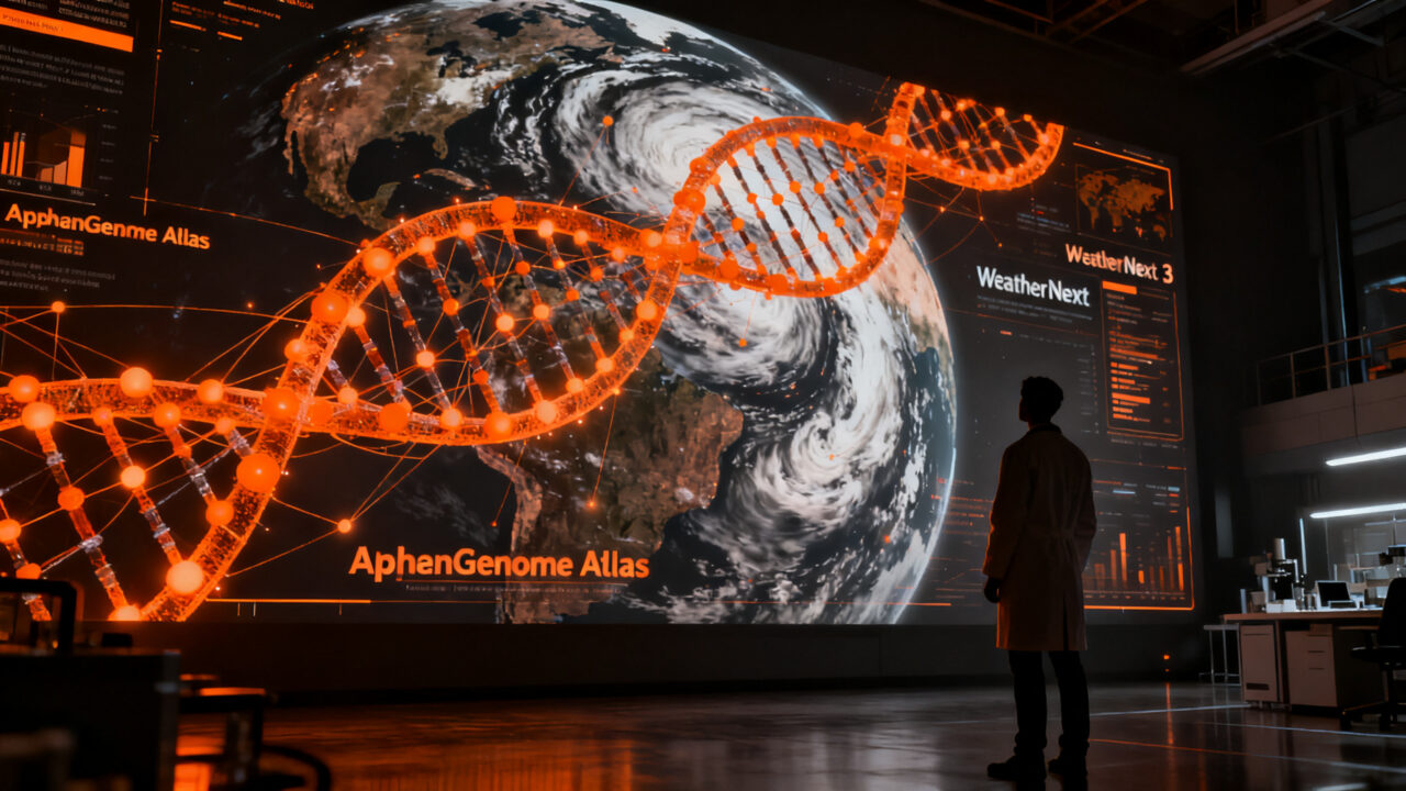 Investigador analizando estructuras genómicas y climáticas globales con inteligencia artificial de Google DeepMind.