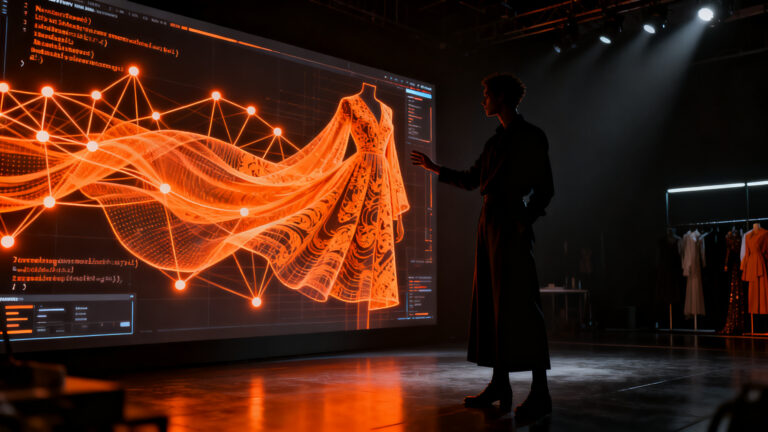 Diseñador de moda trabajando con herramientas de IA generativa para crear patrones digitales en un estudio futurista durante la New York Fashion Week.