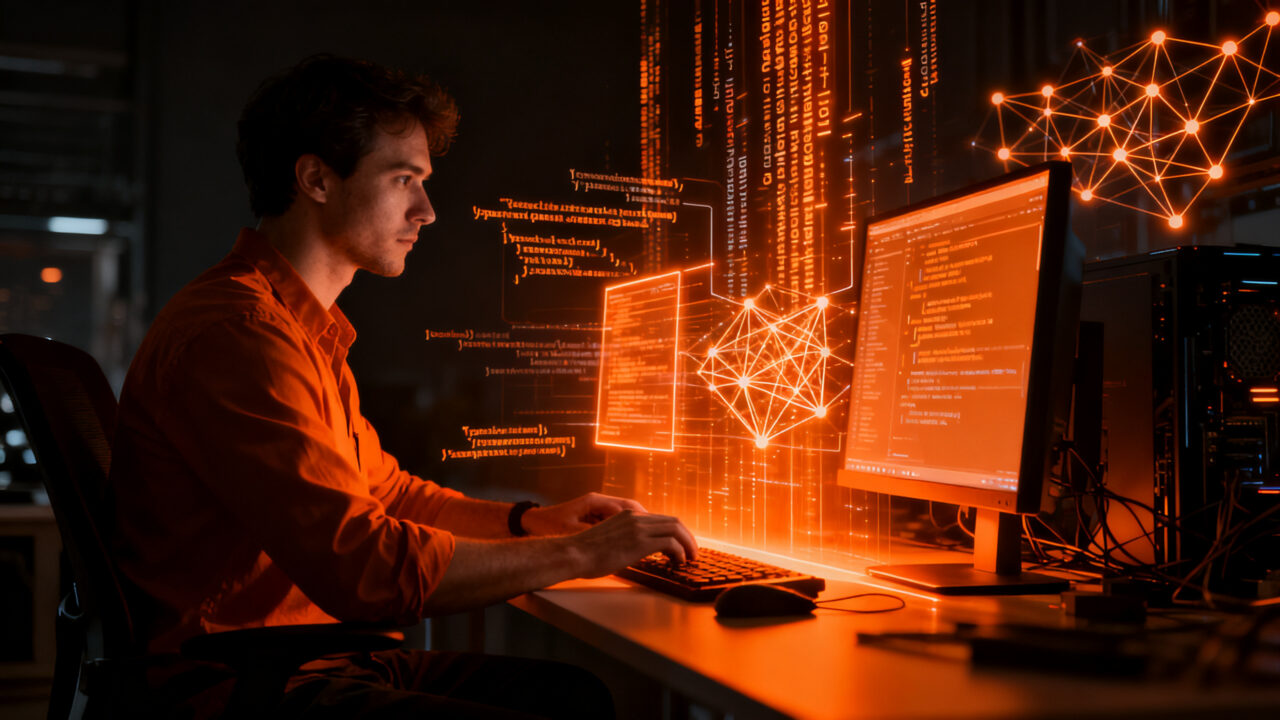 Programador trabajando con la IA Gemini 3.8 Flash de Google para optimizar código y ciberseguridad en un entorno digital.