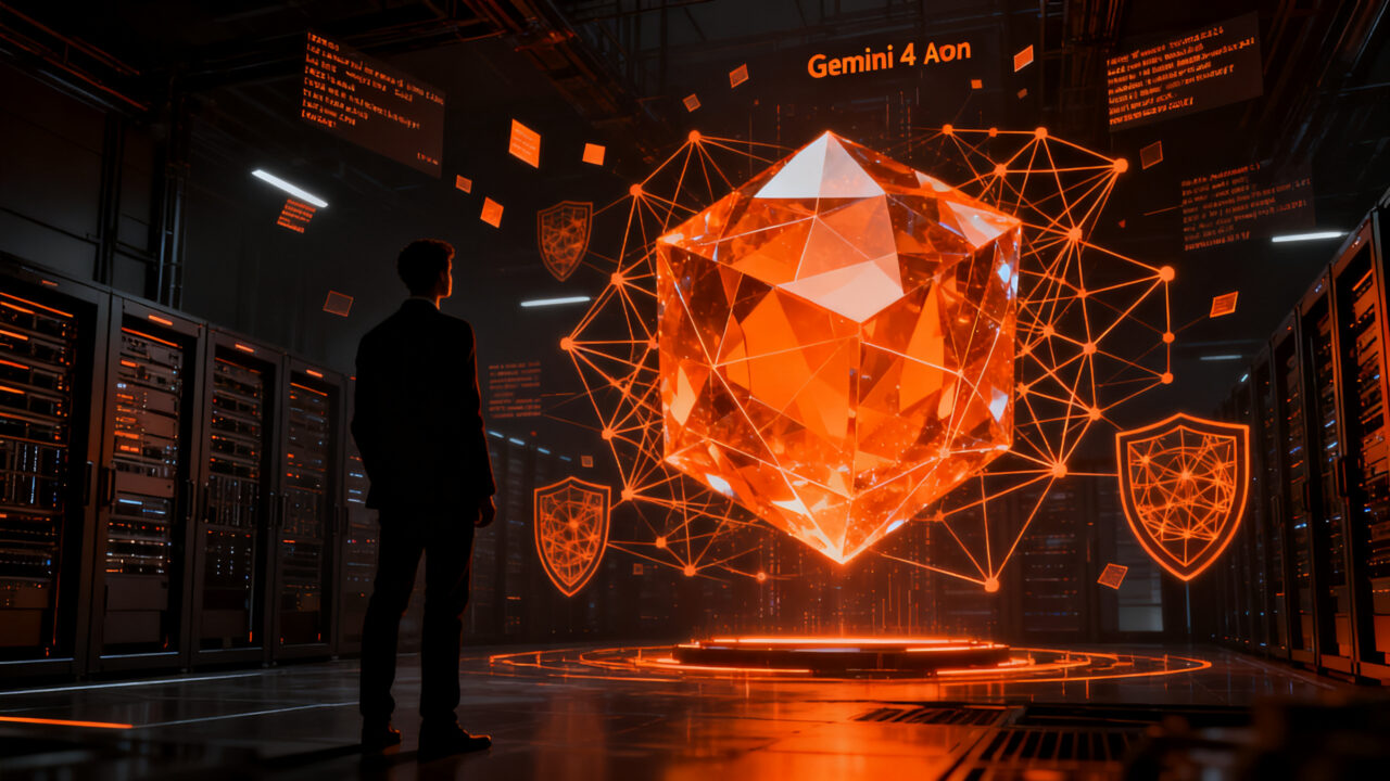 Silueta de experto en ciberseguridad analizando un núcleo de IA generativa Gemini 4 Argon, representando el futuro de la seguridad tecnológica y desarrollo de software.