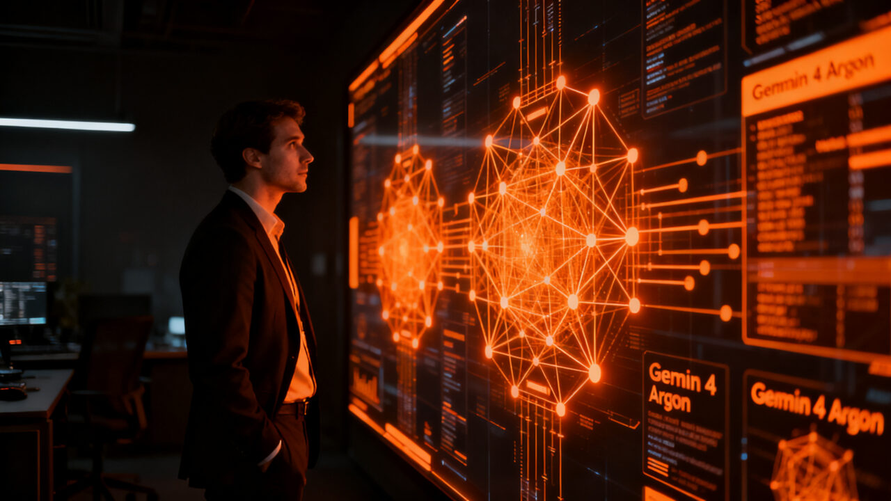 Especialista en ciberseguridad analizando la red neuronal de Gemini 4 Argon, representando la IA de defensa de Google.