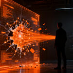 Representación visual de ciberseguridad e inteligencia artificial con Gemini de Google, mostrando una brecha digital en un entorno de red.