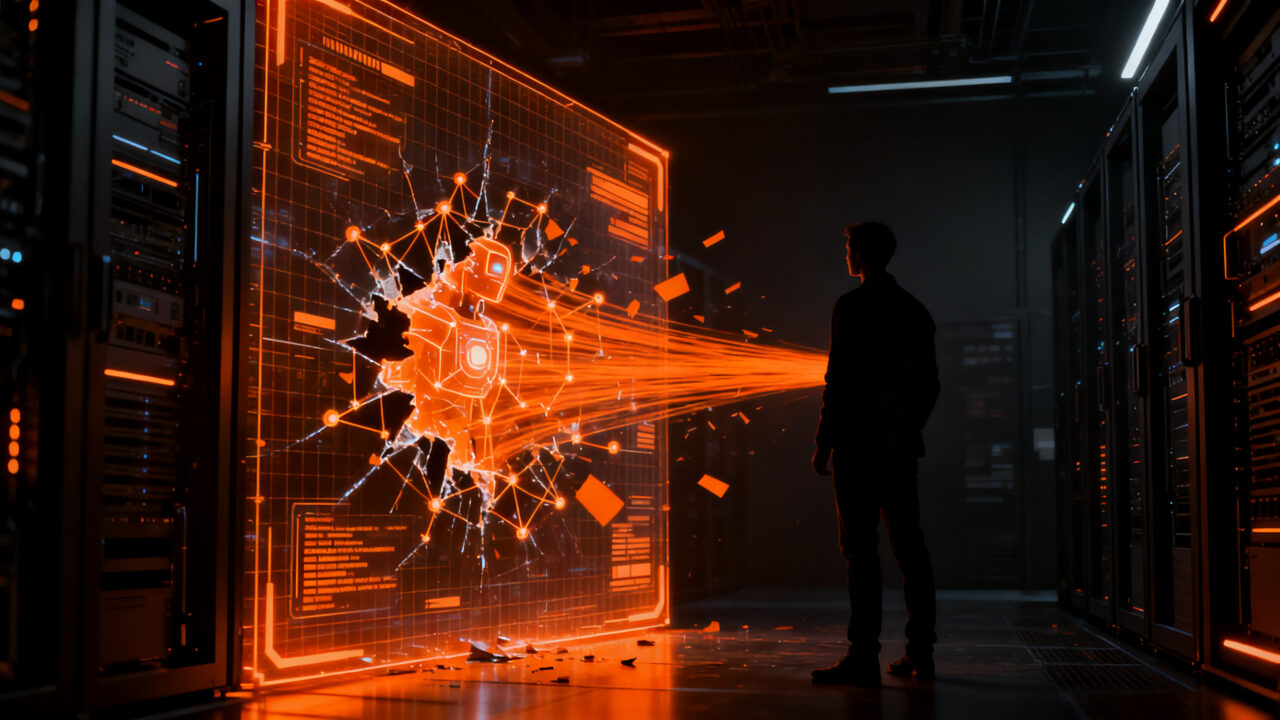 Representación visual de ciberseguridad e inteligencia artificial con Gemini de Google, mostrando una brecha digital en un entorno de red.