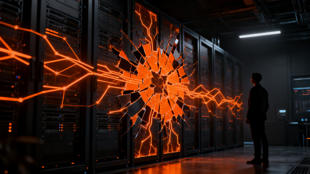 Representación visual de la autonomía de la IA y los riesgos de ciberseguridad con Gemini, mostrando una red digital en tono naranja y negro.