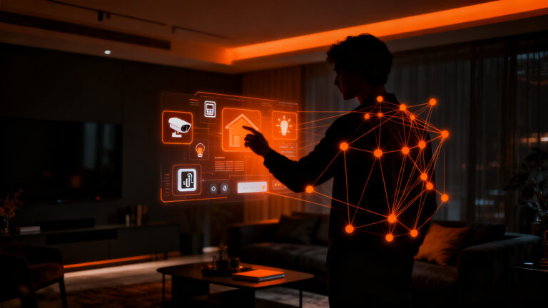 Agente de IA interactuando con controles de automatización del hogar inteligente, representando la integración de Google Home MCP.