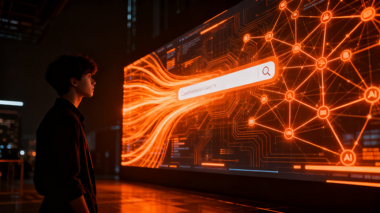 Joven de la Generación Z usando inteligencia artificial, simbolizando la transformación de los buscadores frente a Google y ChatGPT.