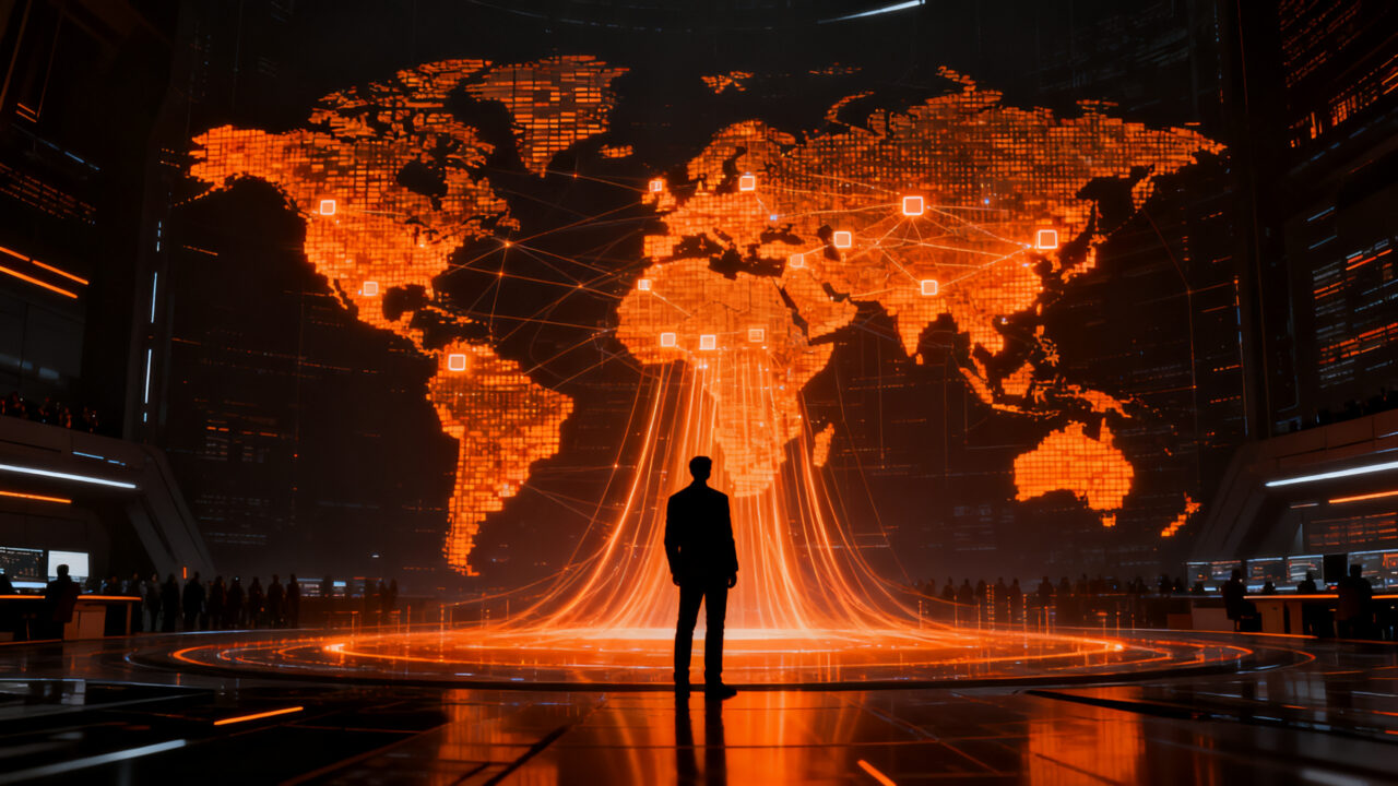 Representación conceptual de agentes de IA accediendo a la plataforma UN System Data Commons de Google y la ONU para análisis de datos globales.