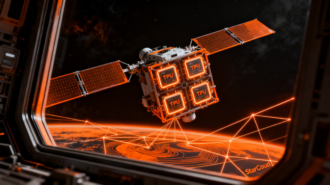 Satélite Proyecto Suncatcher de Google con chips TPU en el espacio, representando la infraestructura de IA fuera de la Tierra.