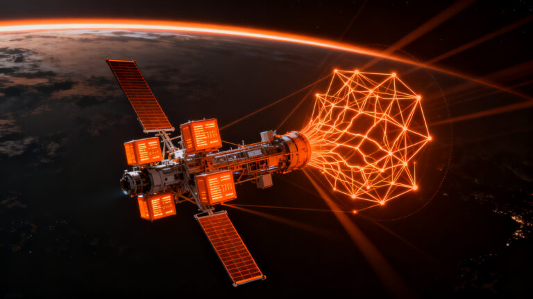 Satélite con tecnología Google TPU orbitando la Tierra, representando el Project Suncatcher de infraestructura IA en el espacio.