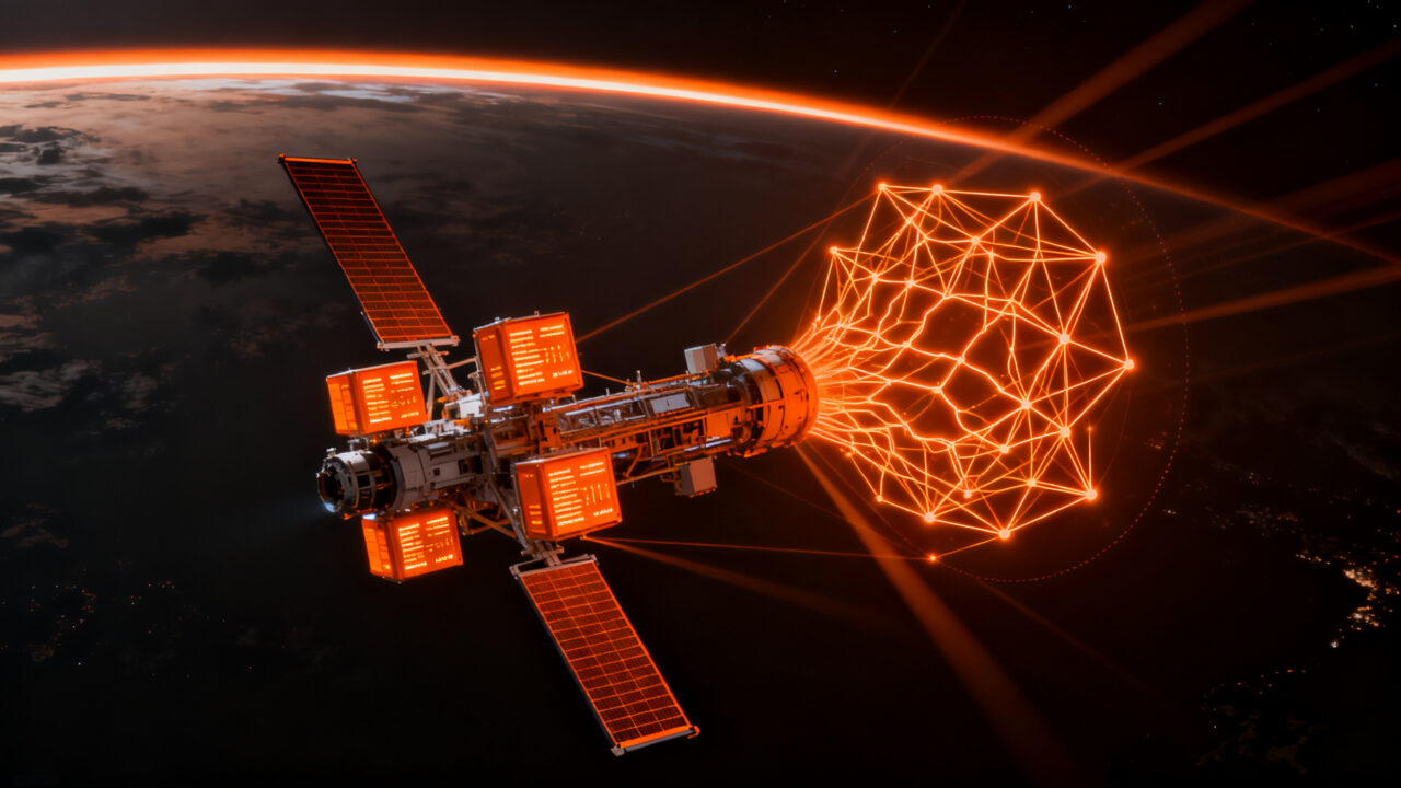 Satélite con tecnología Google TPU orbitando la Tierra, representando el Project Suncatcher de infraestructura IA en el espacio.