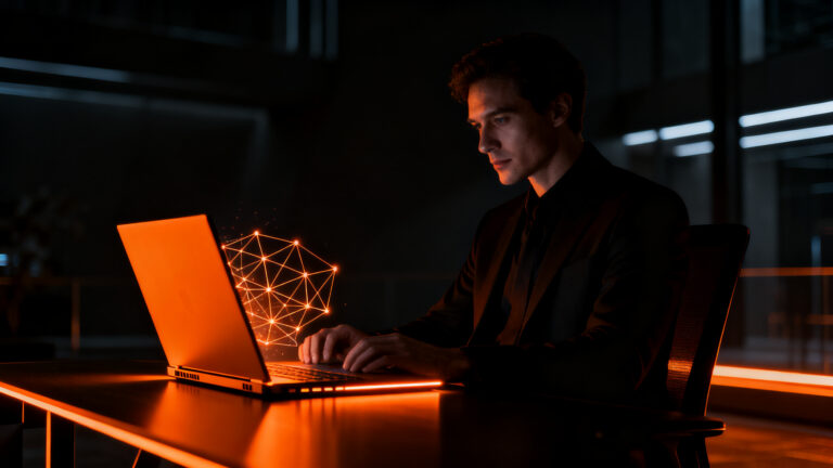 Usuario profesional trabajando en una laptop premium Googlebook frente a un entorno digital, compitiendo con el ecosistema MacBook.