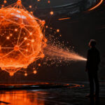 Silueta de un emprendedor interactuando con una interfaz de red neuronal avanzada de GPT-6 Astra en un entorno tecnológico oscuro.
