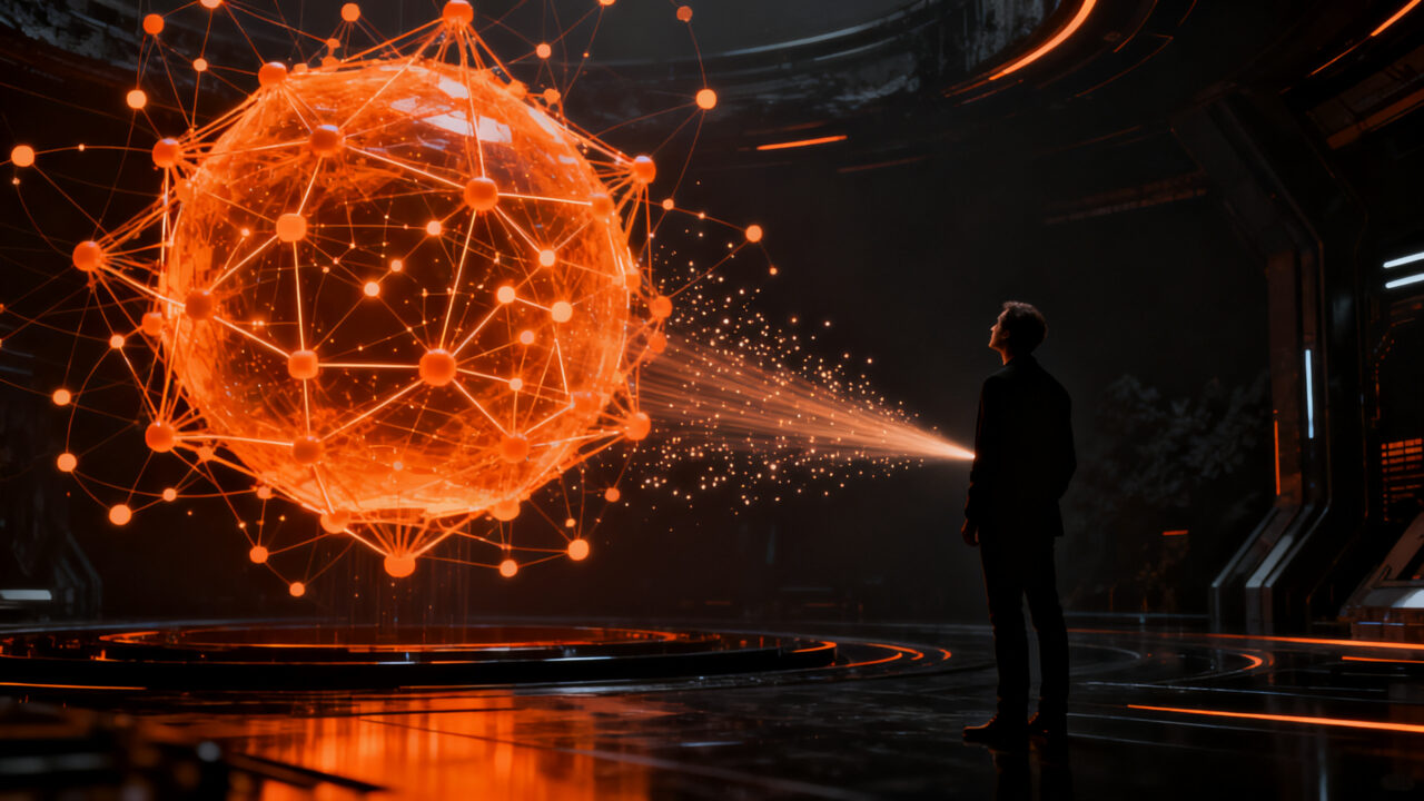 Silueta de un emprendedor interactuando con una interfaz de red neuronal avanzada de GPT-6 Astra en un entorno tecnológico oscuro.