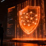 Representación conceptual de un agente de IA avanzada analizando ciberseguridad en un entorno digital futurista.