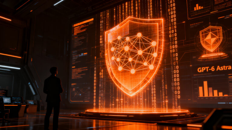 Representación conceptual de un agente de IA avanzada analizando ciberseguridad en un entorno digital futurista.